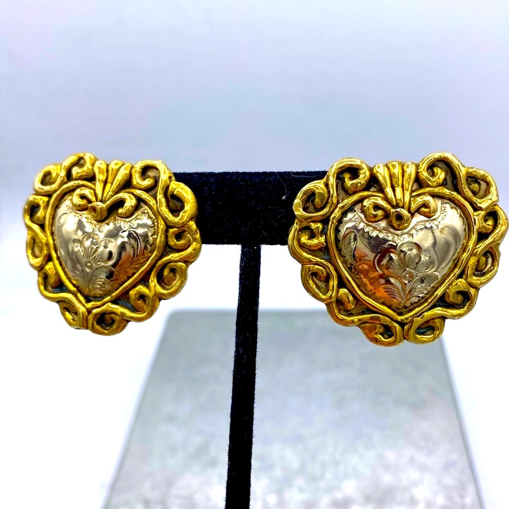 Vintage  80 s Scrolled Gold and Etched Silver Heart Pierced Earrings